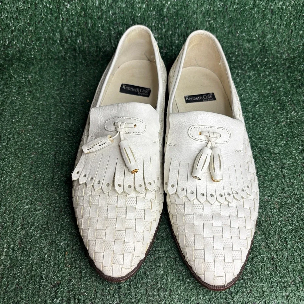 Kenneth Cole Ercolus Woven Tassel Kiltie Loafer Dress Shoe White Mens Size 8.5